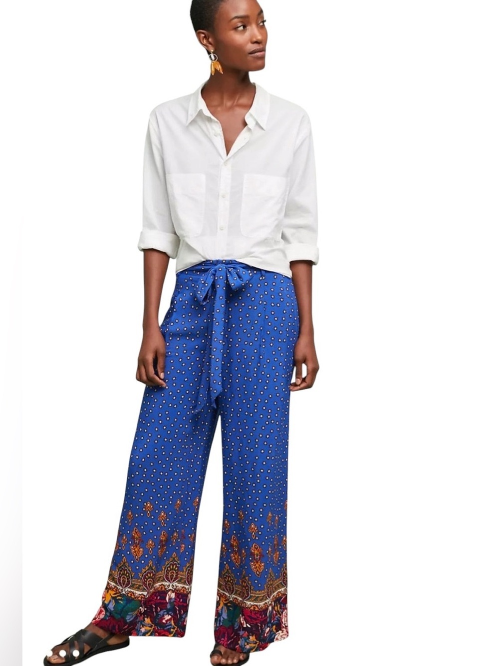 Anthropologie Ett:Twa cobalt blue lightweight Geometric print Wide Leg Pants 14